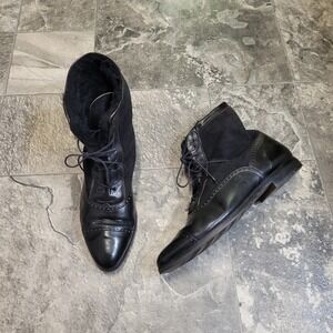 Vintage 90s Cole‎ Haan Ankle Boots Black Leather Suede Shearling Lace Up Brogue